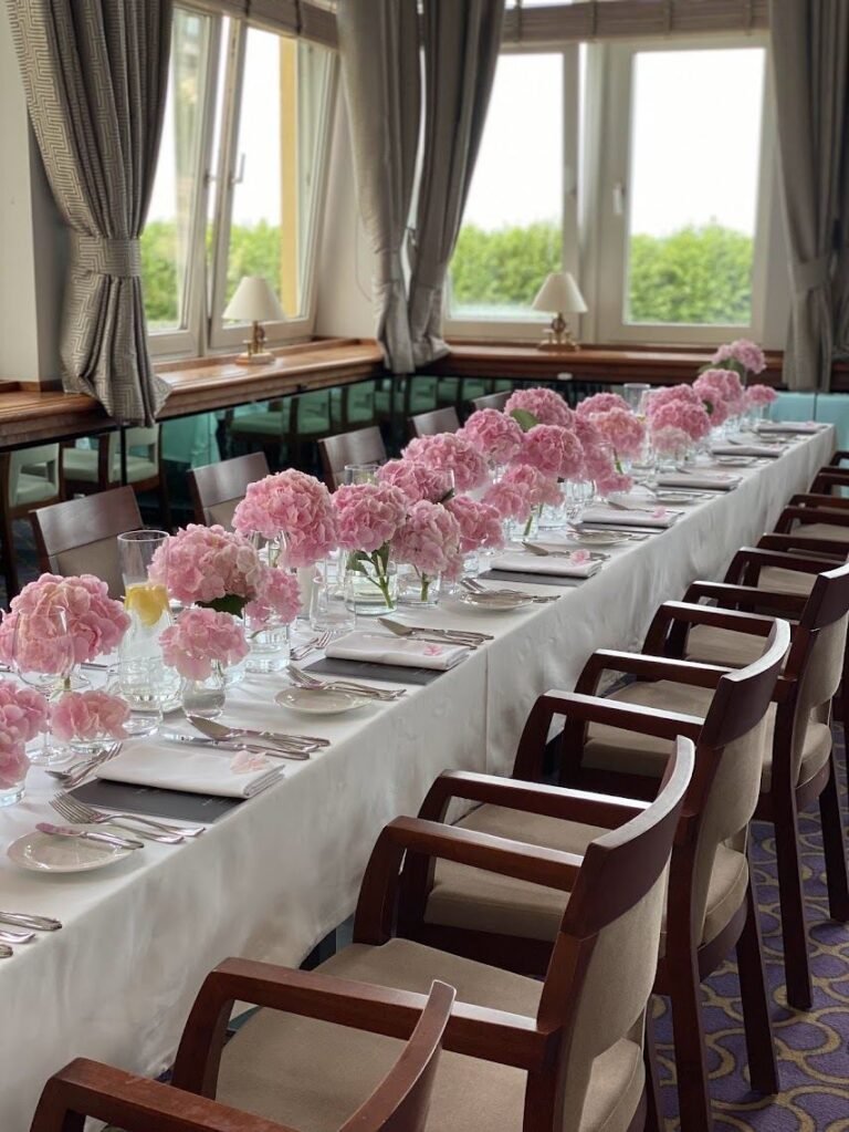 Long tables with pink hydrangeas — OIA Decorations